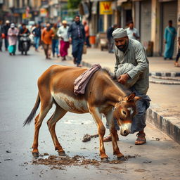 A donkey clumsily stumbling and falling on a city street, its clothes smeared in mud