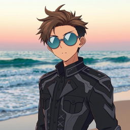 A military anime boy standing on a beach, wearing round glasses that reflect the sparkling sea