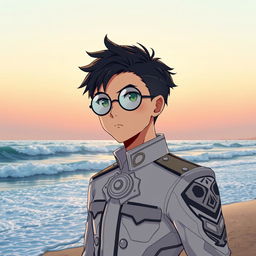 A military anime boy standing on a beach, wearing round glasses that reflect the sparkling sea