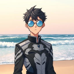 A military anime boy standing on a beach, wearing round glasses that reflect the sparkling sea