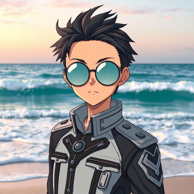 A military anime boy standing on a beach, wearing round glasses that reflect the sparkling sea