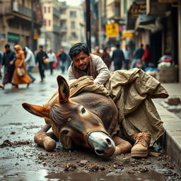 A donkey has stumbled and fallen on the street, its clothes dirtied by the mud