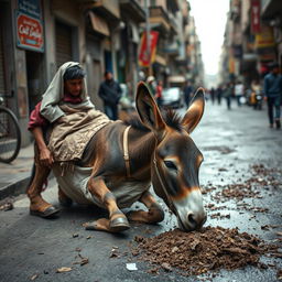 A donkey has stumbled and fallen on the street, its clothes dirtied by the mud