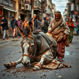 A donkey has stumbled and fallen on the street, its clothes dirtied by the mud