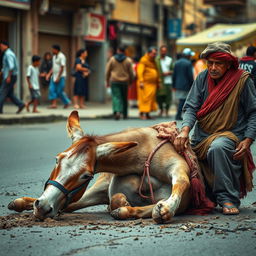 A donkey has stumbled and fallen on the street, its clothes dirtied by the mud