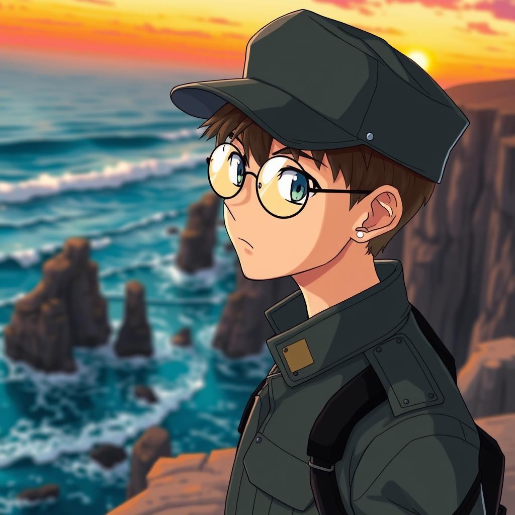 A military anime boy wearing a cap and round glasses, standing confidently on a cliff overlooking the ocean