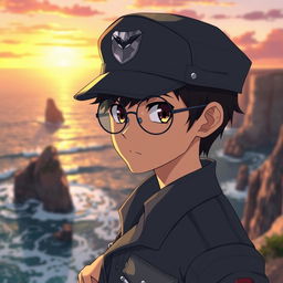 A military anime boy wearing a cap and round glasses, standing confidently on a cliff overlooking the ocean