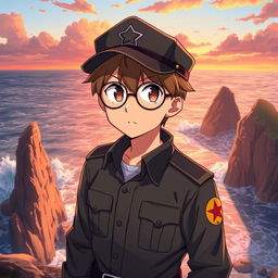 A military anime boy wearing a cap and round glasses, standing confidently on a cliff overlooking the ocean