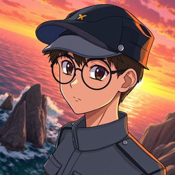 A military anime boy wearing a cap and round glasses, standing confidently on a cliff overlooking the ocean