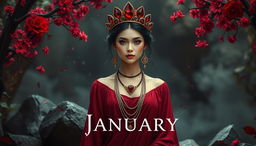 The Goddess of January stands in a mystical atmosphere, enveloped by an aura of divine magic