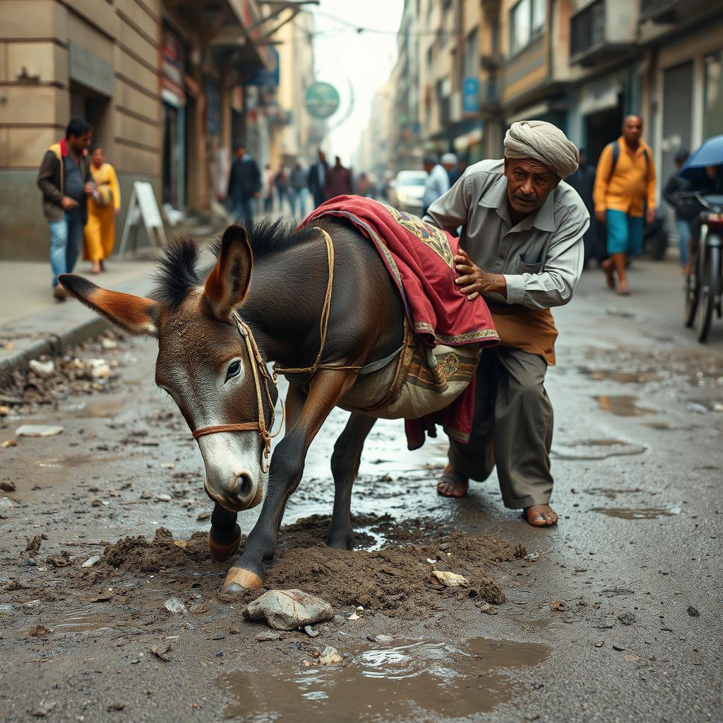 A donkey stumbles and falls on the street, its clothes getting dirty and ruined in the mud