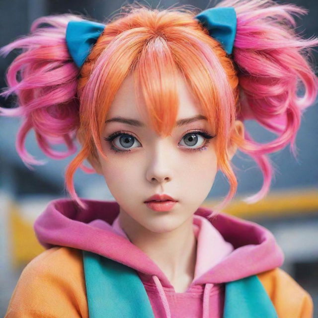 A captivating image of an anime-style girl, vividly depicted with unique hairstyles, large expressive eyes, and a vibrant outfit