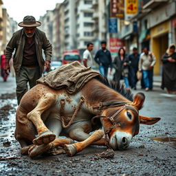 A donkey stumbles and falls on the street, its clothes getting dirty and ruined in the mud