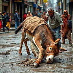 A donkey stumbles and falls on the street, its clothes getting dirty and ruined in the mud