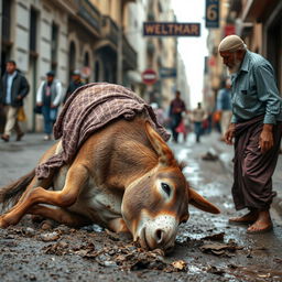 A donkey stumbles and falls on the street, its clothes getting dirty and ruined in the mud