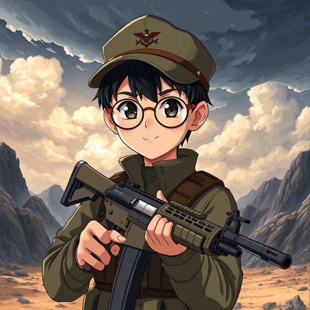 A military anime boy wearing a cap and round glasses, confidently holding a Kalashnikov assault rifle