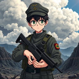 A military anime boy wearing a cap and round glasses, confidently holding a Kalashnikov assault rifle