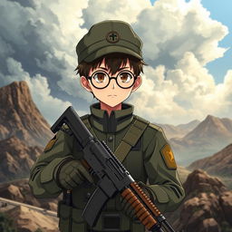 A military anime boy wearing a cap and round glasses, confidently holding a Kalashnikov assault rifle