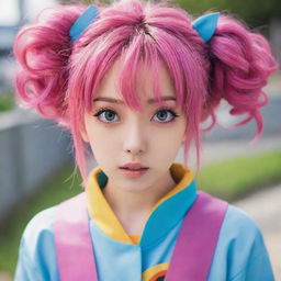 A captivating image of an anime-style girl, vividly depicted with unique hairstyles, large expressive eyes, and a vibrant outfit