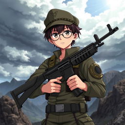 A military anime boy wearing a cap and round glasses, confidently holding a Kalashnikov assault rifle