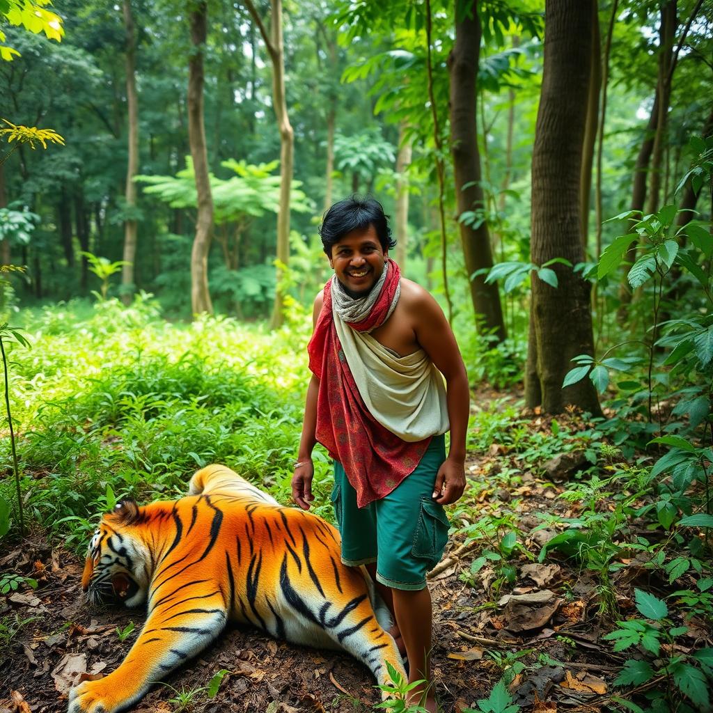 A dhobi (washerman) standing in a lush forest, with an expression of amazement and joy on his face, as he discovers a tiger skin on the ground