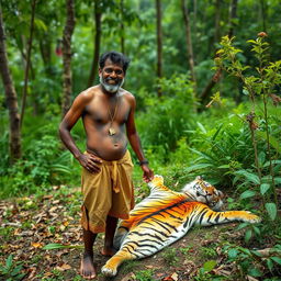 A dhobi (washerman) standing in a lush forest, with an expression of amazement and joy on his face, as he discovers a tiger skin on the ground