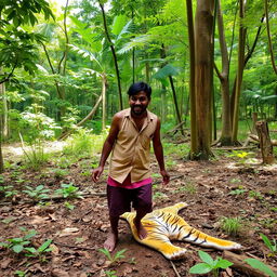 A dhobi (washerman) standing in a lush forest, with an expression of amazement and joy on his face, as he discovers a tiger skin on the ground