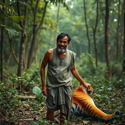 A dhobi (washerman) standing in a lush forest, with an expression of amazement and joy on his face, as he discovers a tiger skin on the ground