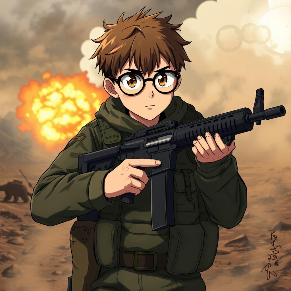 A military anime boy with round glasses, gripping a Kalashnikov assault rifle confidently