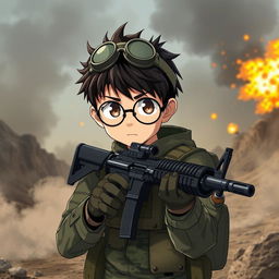 A military anime boy with round glasses, gripping a Kalashnikov assault rifle confidently