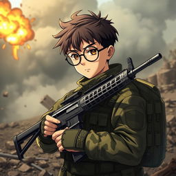 A military anime boy with round glasses, gripping a Kalashnikov assault rifle confidently