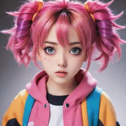 A captivating image of an anime-style girl, vividly depicted with unique hairstyles, large expressive eyes, and a vibrant outfit