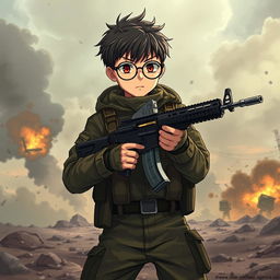 A military anime boy with round glasses, gripping a Kalashnikov assault rifle confidently