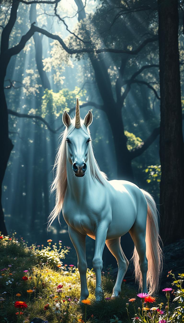 A majestic unicorn standing gracefully in a mystical forest