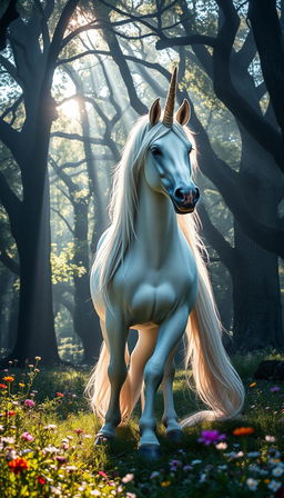 A majestic unicorn standing gracefully in a mystical forest