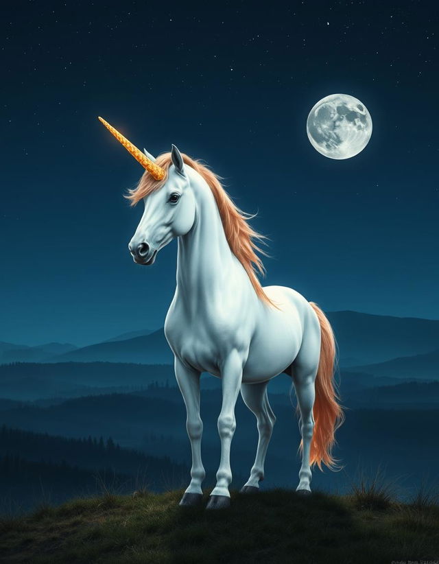 A majestic unicorn standing gracefully on a hilltop under a starry night sky