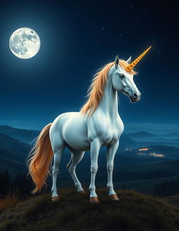 A majestic unicorn standing gracefully on a hilltop under a starry night sky