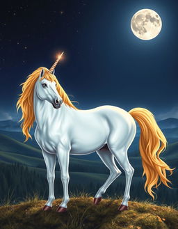 A majestic unicorn standing gracefully on a hilltop under a starry night sky