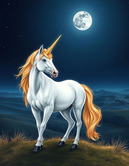 A majestic unicorn standing gracefully on a hilltop under a starry night sky