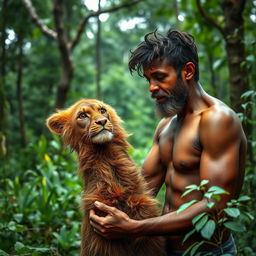 A washerman in the forest gazing at a lion's pelt with a face filled with astonishment and delight, as if he has found something precious