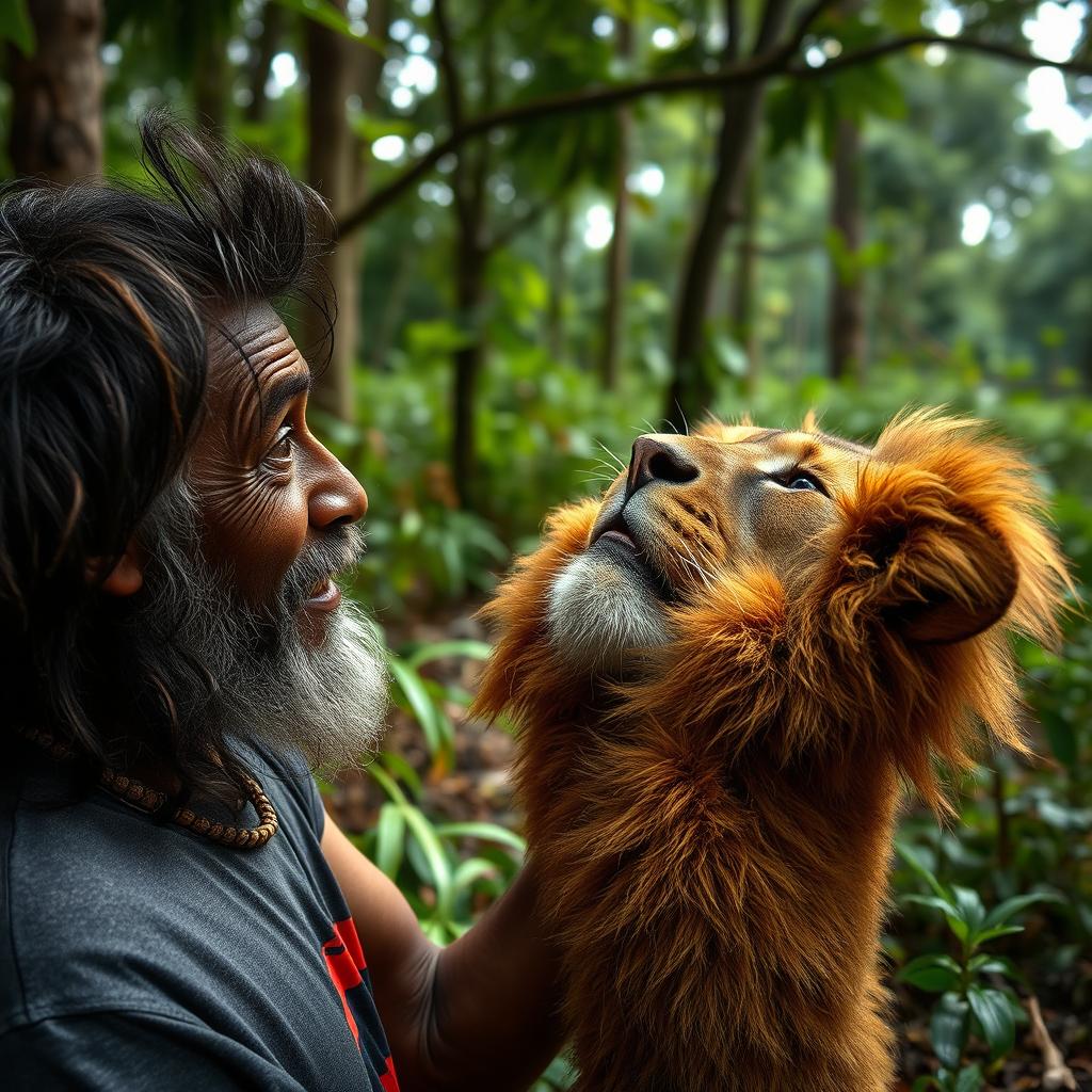 A washerman in the forest gazing at a lion's pelt with a face filled with astonishment and delight, as if he has found something precious