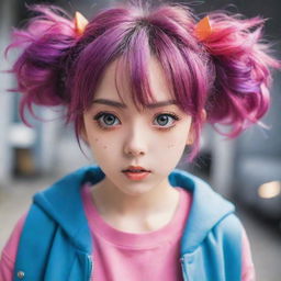 A captivating image of an anime-style girl, vividly depicted with unique hairstyles, large expressive eyes, and a vibrant outfit