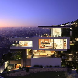 A sleek, modern house gleaming with glass and steel structures, on a hill. Its stunning design stands elegantly overlooking a vibrant cityscape below.