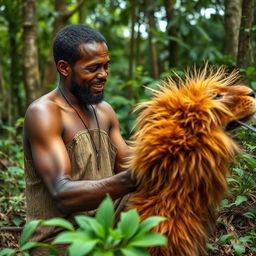 A washerman in the forest gazing at a lion's pelt with a face filled with astonishment and delight, as if he has found something precious