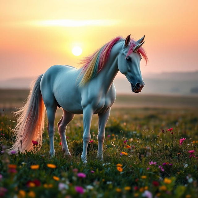 A majestic unicorn standing gracefully on an open meadow during sunrise