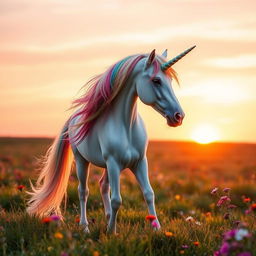 A majestic unicorn standing gracefully on an open meadow during sunrise