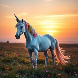 A majestic unicorn standing gracefully on an open meadow during sunrise