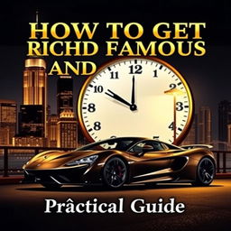 A captivating eBook cover for 'How to Get Rich and Famous in 24 Hours' with the subtitle 'Practical Guide'