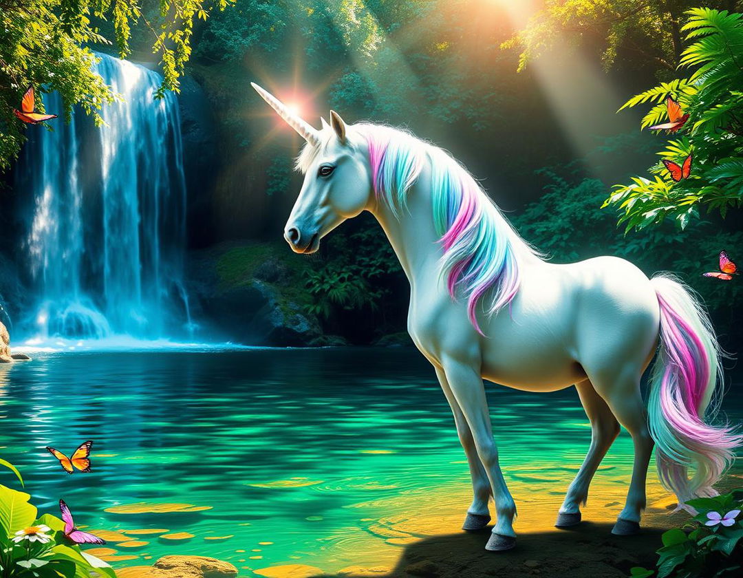 A majestic unicorn standing gracefully near a crystal-clear waterfall in an enchanted forest