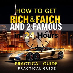 A captivating eBook cover for 'How to Get Rich and Famous in 24 Hours' with the subtitle 'Practical Guide'